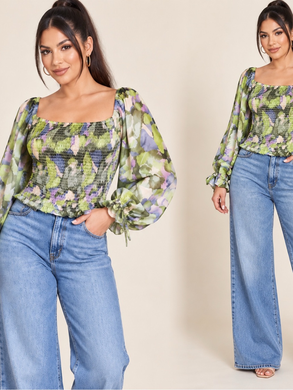 Floral Green and Purple Women's Balloon Sleeve Chic Top